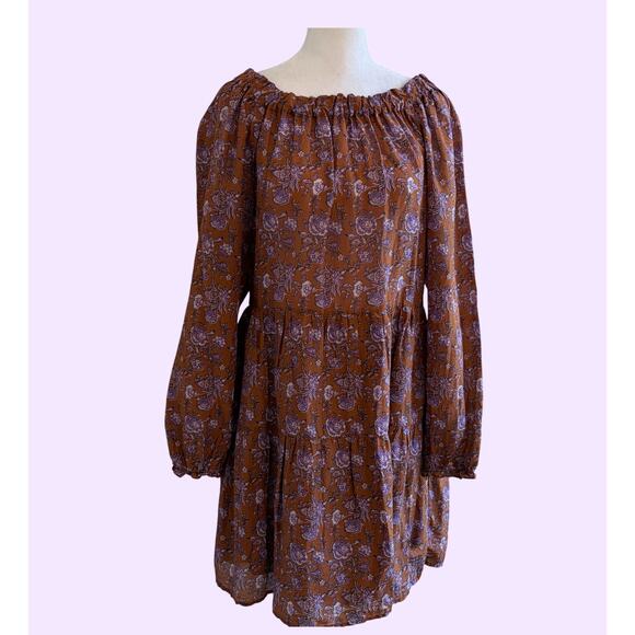 Xirena Lea Cottage Boho Brown Floral Dress Small Oversized Golden Silk Cotton - Picture 2 of 10